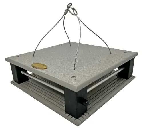 DutchCrafters light gray and black poly lumber bluebird feeder with a central bowl