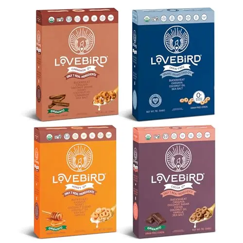 Variety pack boxes of Lovebird grain-free, organic cereal