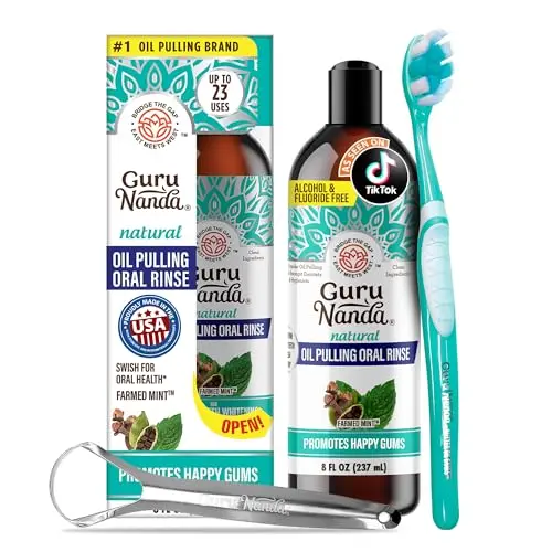GuruNanda CocoMint Oil Pulling Mouthwash bottle with measuring cup