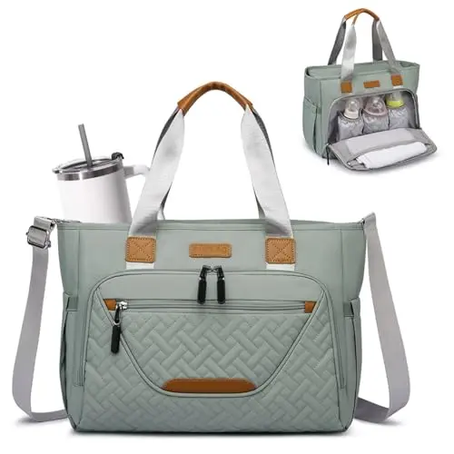 FHELAD morandi grey quilted nylon diaper bag tote with laptop sleeve
