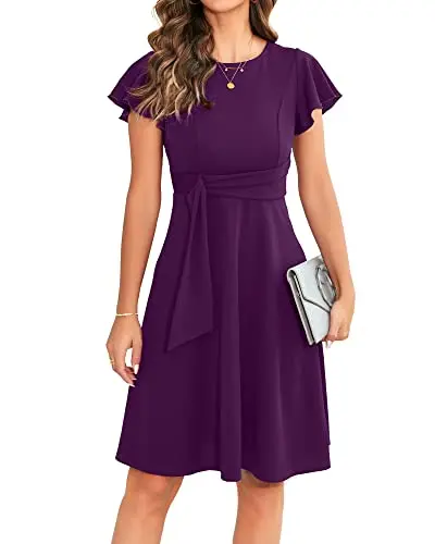 OWIN Ruffle Sleeve Midi Dress in purple with ruffle sleeves and ruched waist