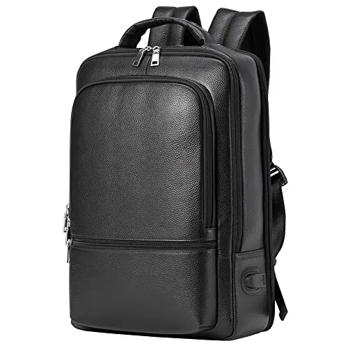 WOMLEYS genuine leather laptop backpack in black showing grain and straps