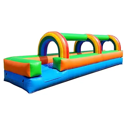 Pogo Rainbow inflatable water splash and ride slide for backyard use