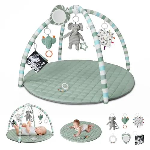 Sage green baby play gym with arch and six hanging sensory toys on a square mat