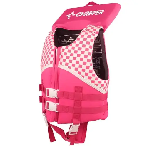 Chriffer red toddler swim vest with zipper and wide crotch strap
