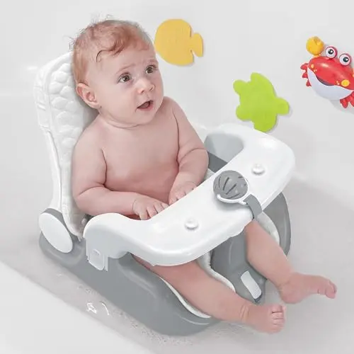 BABYBOND grey baby bath seat with soft towel insert, shown in reclining position