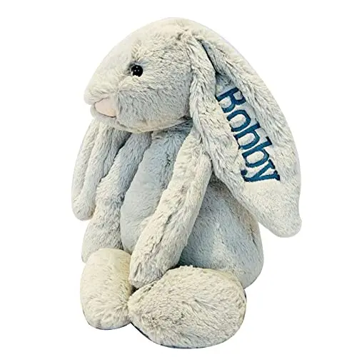 Personalized white plush bunny with child's name embroidered on ear