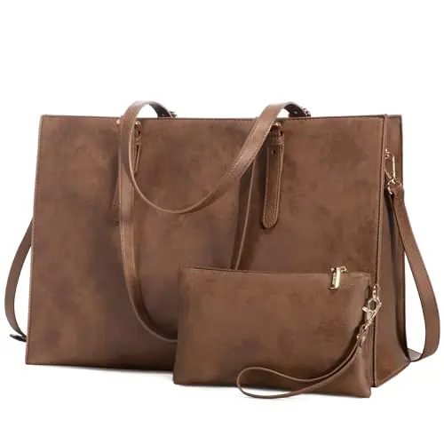 LOVEVOOK vintage leather laptop tote bag in brown