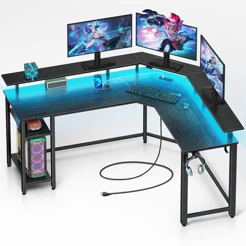 Rolanstar black L-shaped gaming desk with RGB LED light strips