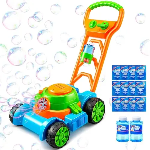 Blue bubble mower toy for kids with included bubble bottles