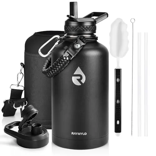 RAYMYLO 64 oz half-gallon insulated water bottle with paracord handle in Magic Black