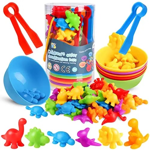 Skrtuan counting dinosaur matching toys with bowls and tweezers
