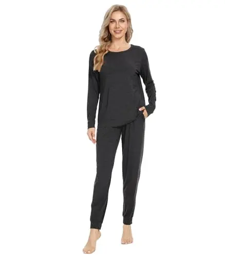 WiWi women's long sleeve pajama set with jogger pants in charcoal heather