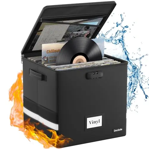 Black collapsible fireproof and water-resistant vinyl record storage box with a zipper and combination lock.