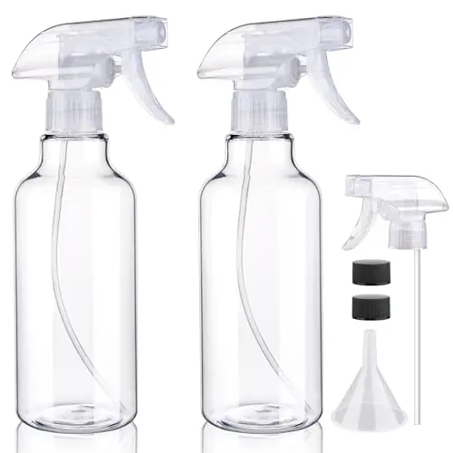 Clear plastic spray bottles with adjustable nozzles and included funnel