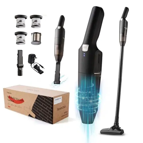 REECOO black cordless stick vacuum that converts to a handheld for sofas.