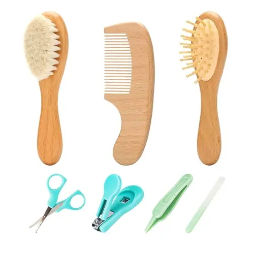 Goat hair baby brush and comb set for scalp care