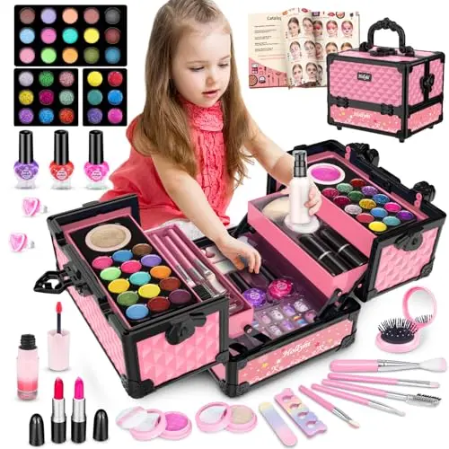 Hollyhi pink kids makeup kit with vanity case and cosmetic accessories