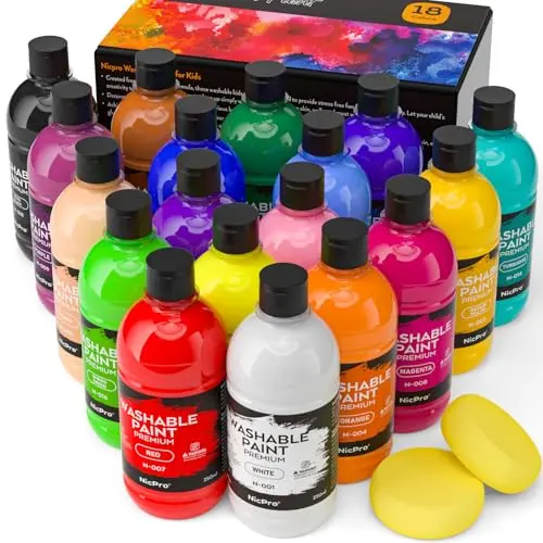 Nicpro 18 Colors Large Washable Tempera Paint set with flip-top bottles