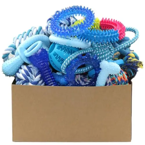 Beiker 20 pack assortment of blue puppy chew toys including ropes and rubber toys