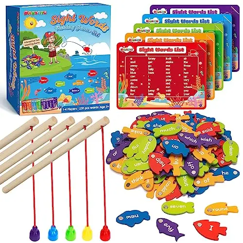 Wooden magnetic fishing game for sight word and alphabet learning