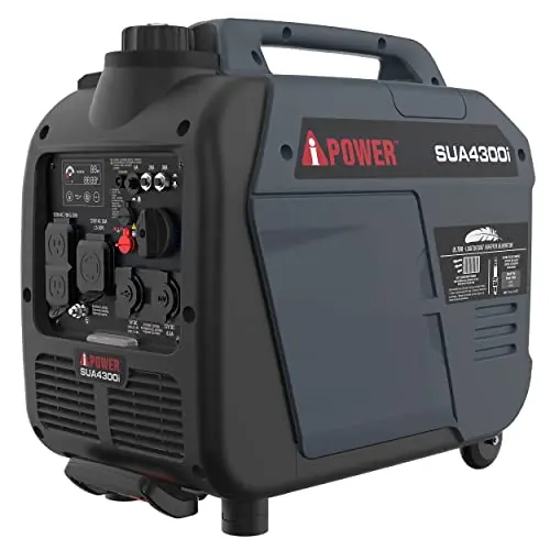 A-iPower black inverter generator with a digital display and wheels