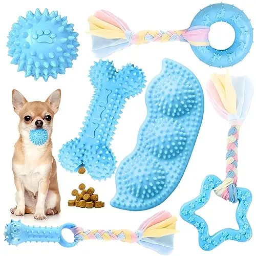 Petcare 6-pack of soft, colorful blue rubber puppy chew toys in various shapes like bones and balls.