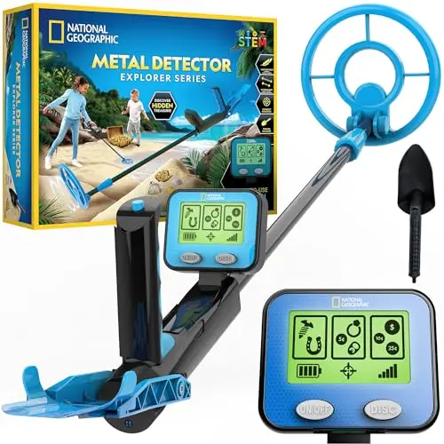 National Geographic kids metal detector with black design, LCD display, and pinpoint function