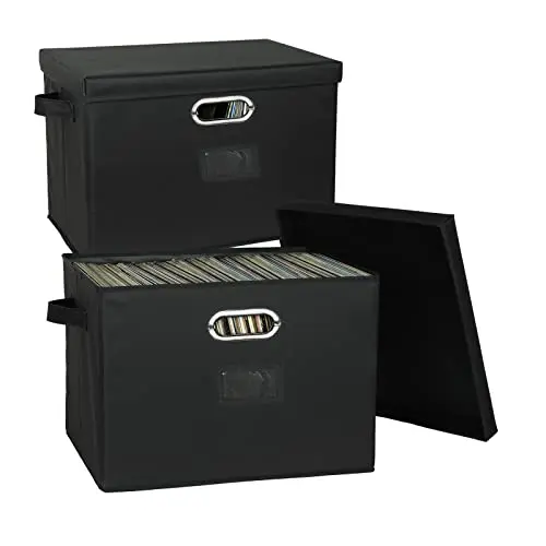 Two large grey linen storage boxes for vinyl records with leather-trimmed handles and lids.