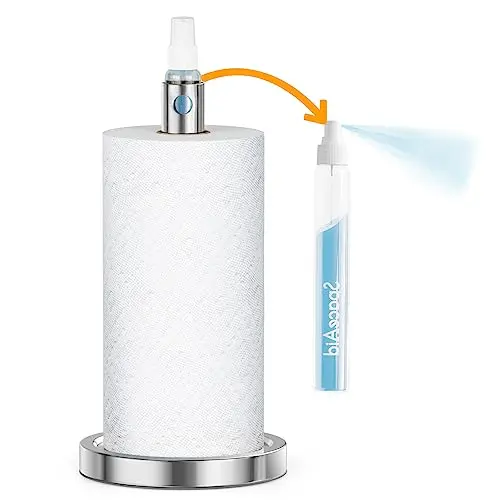 SpaceAid 2 in 1 paper towel holder stand in silver, sitting on a countertop with a spray bottle in the center.