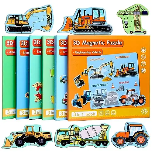 Magnetic puzzle set for toddlers with various themes like dinosaurs and cars
