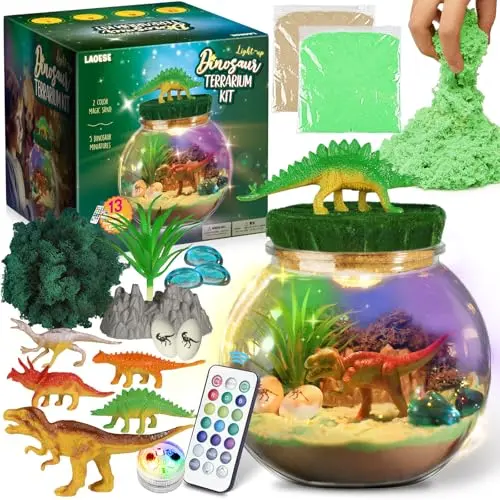 DIY dinosaur terrarium kit with sand, moss, plastic dinosaurs, and a multi-color LED night light