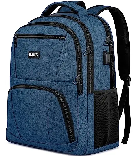 RJEU blue school backpack for teens, highlighting USB port and reinforced stitching