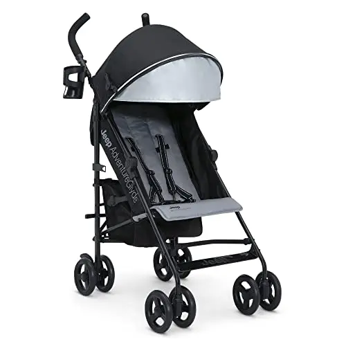 Jeep AdventureGlyde Stroller by Delta Children in Black/Grey, with swivel front wheels and a large canopy.