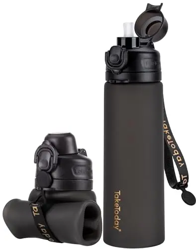 Black silicone collapsible water bottle with straw and carrying strap