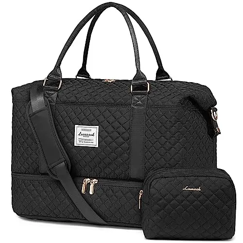 LOVEVOOK Black Quilted Duffle Bag with bottom shoe compartment