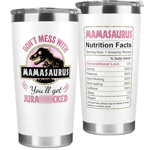 White stainless steel tumbler with 'Mama' text, sitting on a table