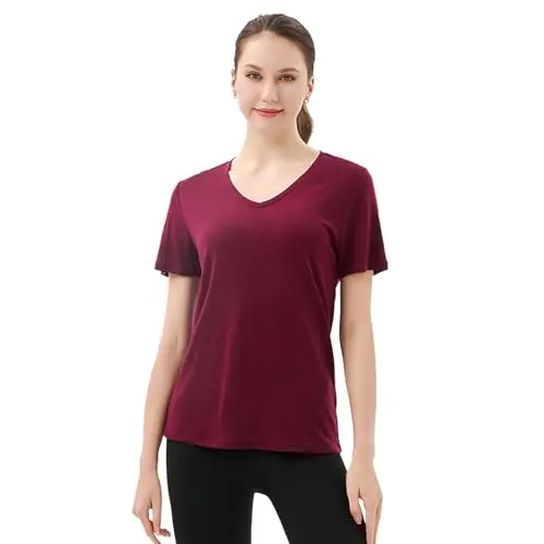 Merino Protect women's V-neck merino wool t-shirt in dark red