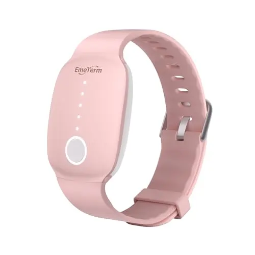 EmeTerm Fashion anti-nausea wristband, a sleek electronic device with a digital display and hypoallergenic silicone band.