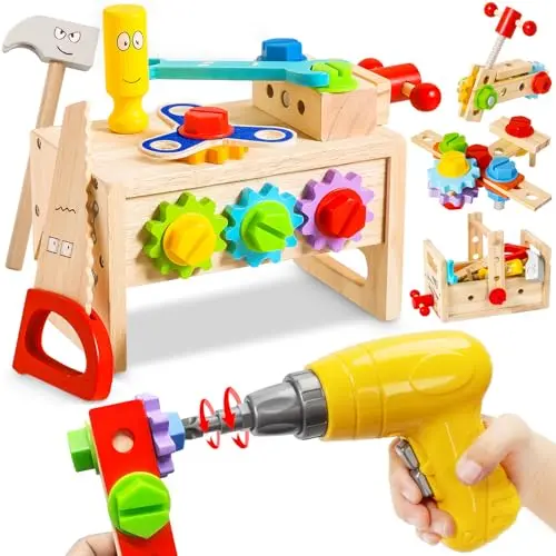 Wooden toolbox set with drill, tools, and colorful building pieces