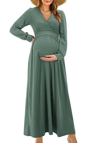 OUGES long sleeve gray green maternity dress with pockets