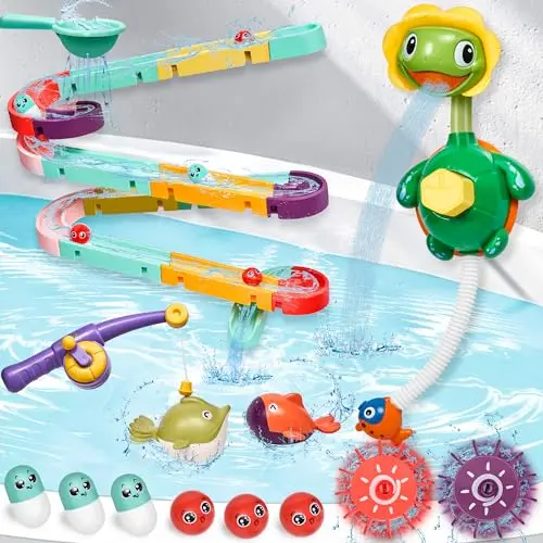 TOHIBEE large bath toy set with a ball slide track, shower head, and magnetic fishing game.