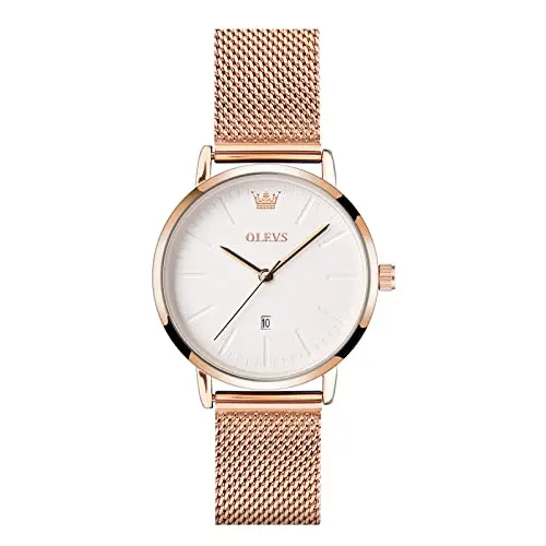 OLEVS rose gold women's watch with big white dial and mesh band