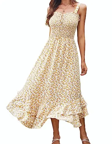 Grace Karin yellow floral maxi dress with smocked back and tiered ruffles
