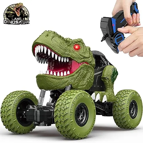 Remote control dinosaur monster truck with glowing LED eyes, driving over grass