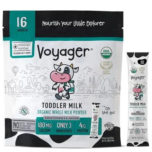 Voyager Milk single-serve packets of organic toddler milk powder for travel