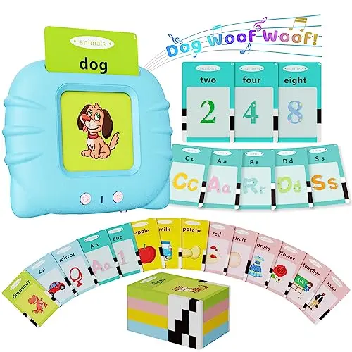 AULLSATY cute cat-shaped talking flash card reader with a stack of cards