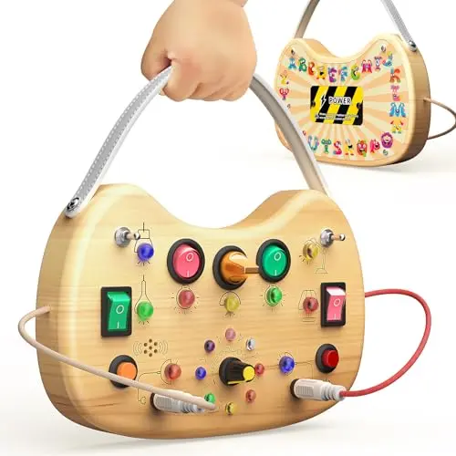 FLYCOOST wooden busy board for toddlers with switches and LED lights