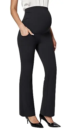 Ewedoos black maternity dress pants featuring unique shirred side seams and pockets.