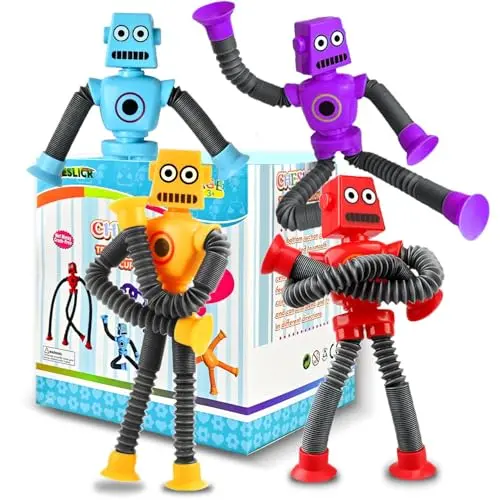 Four colorful robot-shaped suction cup pop tube fidget toys
